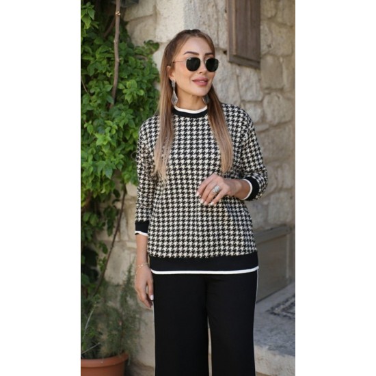 Kadın Uzun Kollu Bisiklet Yaka Kazayağı Desenli Iki Iplik Bluz Ve Viskon Iki Iplik Pantolon Ikili Takım, 29546