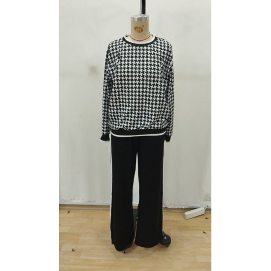 Kadın Uzun Kollu Bisiklet Yaka Kazayağı Desenli Iki Iplik Bluz Ve Viskon Iki Iplik Pantolon Ikili Takım, 29546