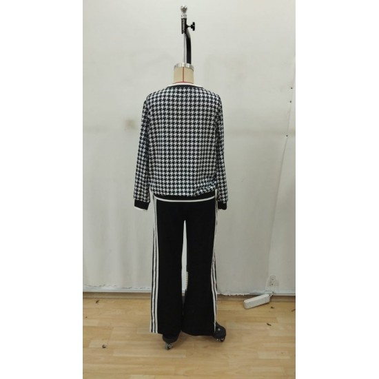 Kadın Uzun Kollu Bisiklet Yaka Kazayağı Desenli Iki Iplik Bluz Ve Viskon Iki Iplik Pantolon Ikili Takım, 29546