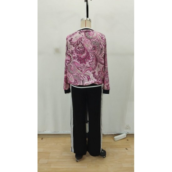 Kadın Uzun Kollu Bisiklet Yaka Desenli Iki Iplik Bluz Ve Viskon Iki Iplik Pantolon Ikili Takım , 29545