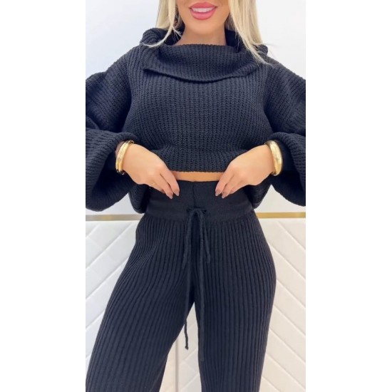 Kadın Uzun Kollu Balıkçı Yaka Kısa Triko Bluz Ve Pantolon Ikili Takım , 29540