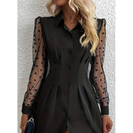 Kadın Uzun Kollu Yakalı Düğmeli Mini Ithal Krep Elbise , 29566 Kadın Uzun Kollu Yakalı Düğmeli Mini Ithal Krep Elbise , 29566