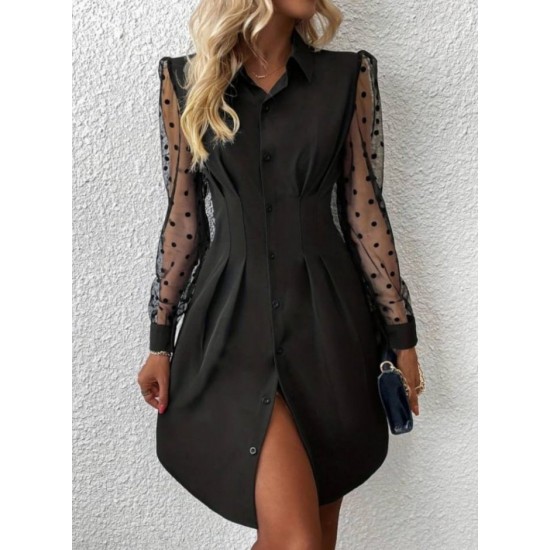 Kadın Uzun Kollu Yakalı Düğmeli Mini Ithal Krep Elbise , 29566 Kadın Uzun Kollu Yakalı Düğmeli Mini Ithal Krep Elbise , 29566