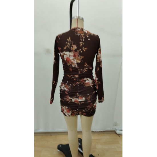 Kadın Uzun Kollu V Yakalı çiçek Desenli Dalgıç Mini Elbise , 29565