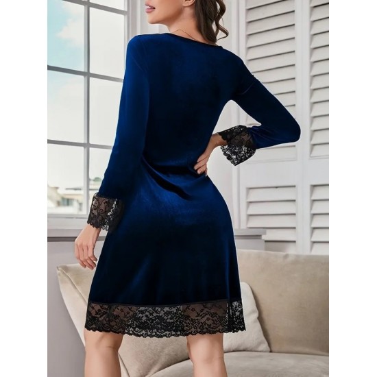 Kadın Uzun Kollu V Dantel Yakalı Mini Kadife Elbise , 29564 Kadın Uzun Kollu V Dantel Yakalı Mini Kadife Elbise , 29564