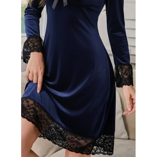 Kadın Uzun Kollu V Dantel Yakalı Mini Kadife Elbise , 29564