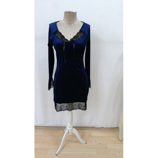 Kadın Uzun Kollu V Dantel Yakalı Mini Kadife Elbise , 29564