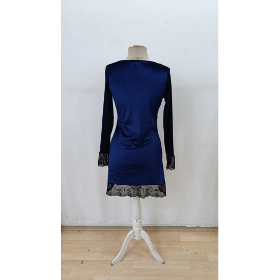 Kadın Uzun Kollu V Dantel Yakalı Mini Kadife Elbise , 29564