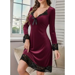 Kadın Uzun Kollu V Dantel Yakalı Mini Kadife Elbise , 29563
