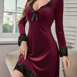 Kadın Uzun Kollu V Dantel Yakalı Mini Kadife Elbise , 29563