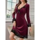 Kadın Uzun Kollu V Dantel Yakalı Mini Kadife Elbise , 29563