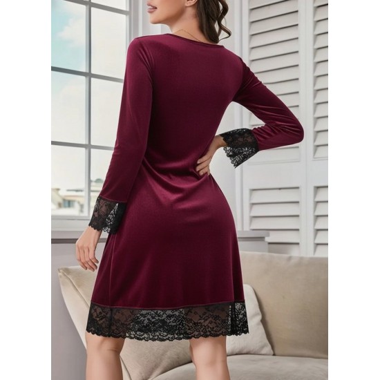 Kadın Uzun Kollu V Dantel Yakalı Mini Kadife Elbise , 29563