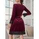 Kadın Uzun Kollu V Dantel Yakalı Mini Kadife Elbise , 29563