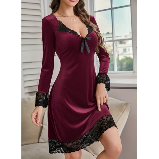 Kadın Uzun Kollu V Dantel Yakalı Mini Kadife Elbise , 29563