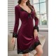 Kadın Uzun Kollu V Dantel Yakalı Mini Kadife Elbise , 29563