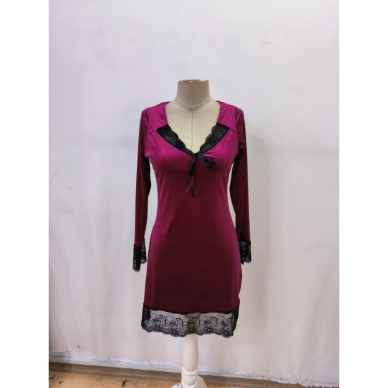 Kadın Uzun Kollu V Dantel Yakalı Mini Kadife Elbise , 29563