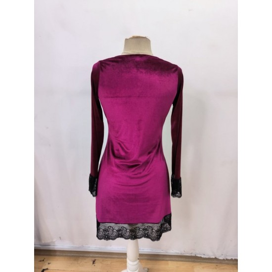 Kadın Uzun Kollu V Dantel Yakalı Mini Kadife Elbise , 29563