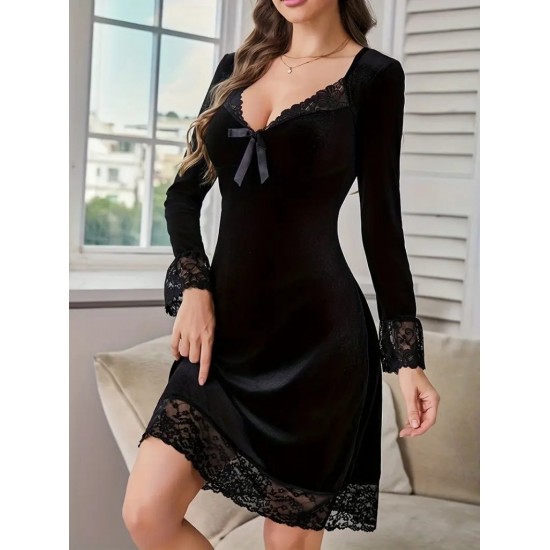 Kadın Uzun Kollu V Dantel Yakalı Mini Kadife Elbise , 29562