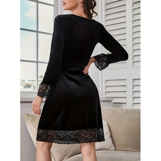Kadın Uzun Kollu V Dantel Yakalı Mini Kadife Elbise , 29562