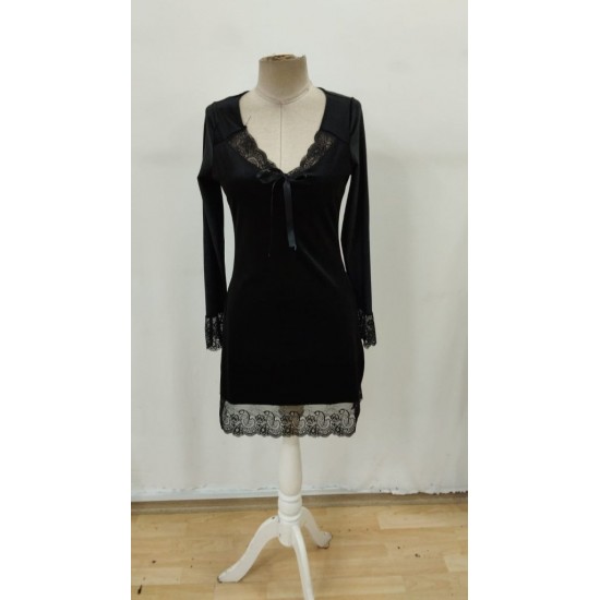 Kadın Uzun Kollu V Dantel Yakalı Mini Kadife Elbise , 29562