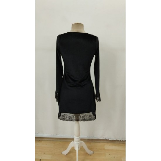 Kadın Uzun Kollu V Dantel Yakalı Mini Kadife Elbise , 29562