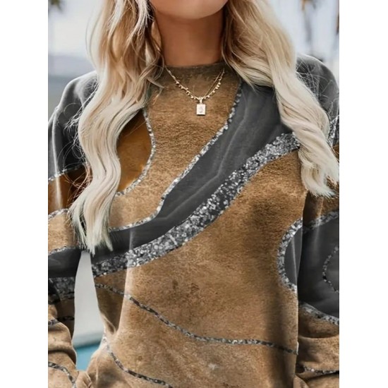 Kadın Uzun Kollu Bisiklet Yaka Desenli Modal Bluz , 29567