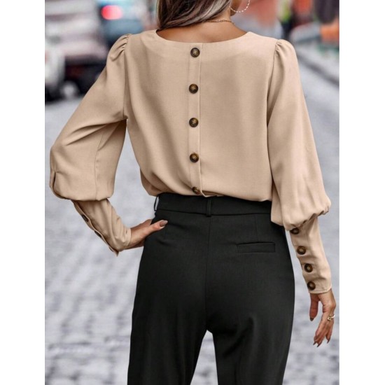 Kadın Uzun Kollu Yuvarlak Yakalı Düğmeli Ithal Krep Bluz, 29575