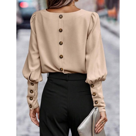 Kadın Uzun Kollu Yuvarlak Yakalı Düğmeli Ithal Krep Bluz, 29575