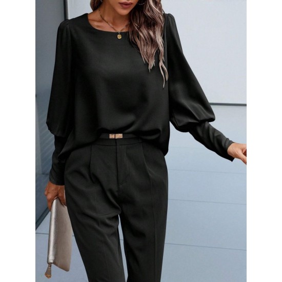 Kadın Uzun Kollu Yuvarlak Yakalı Düğmeli Ithal Krep Bluz, 29572