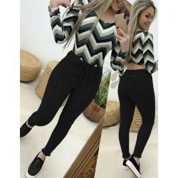  Kadın Yüksek Bel Belden Kuşaklı Yırtık Detaylı Kot Pantolon, 29591