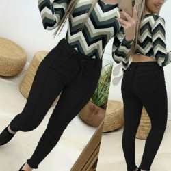  Kadın Yüksek Bel Belden Kuşaklı Yırtık Detaylı Kot Pantolon, 29591