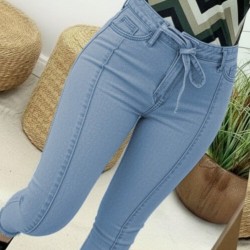 Kadın Yüksek Bel Belden Kuşaklı Yırtık Detaylı Kot Pantolon , 29590