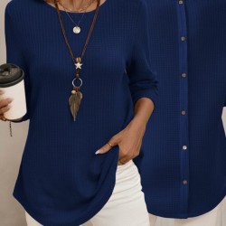 Kadın Uzun Kollu Yuvarlak Yaka Arkadan Düğmeli Waffle Bluz , 29600 Kadın Uzun Kollu Yuvarlak Yaka Arkadan Düğmeli Waffle Bluz , 29600