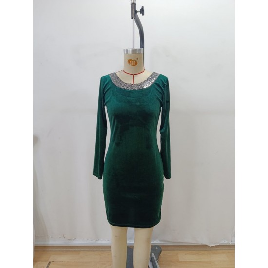 Kadın Uzun Kollu Yuvarlak Pulpayet Yaka Ve Sırt Detaylı Mini Kadife Elbise , 29594