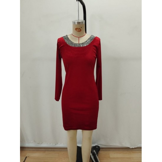 Kadın Uzun Kollu Yuvarlak Pulpayet Yaka Ve Sırt Detaylı Mini Kadife Elbise , 29593