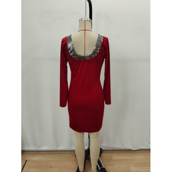 Kadın Uzun Kollu Yuvarlak Pulpayet Yaka Ve Sırt Detaylı Mini Kadife Elbise , 29593