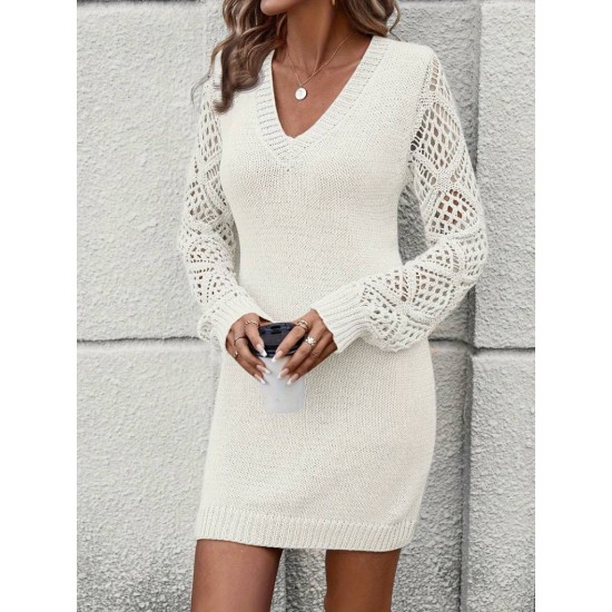 Kadın Uzun Kollu V Yakalı Mini Triko Elbise, 29602