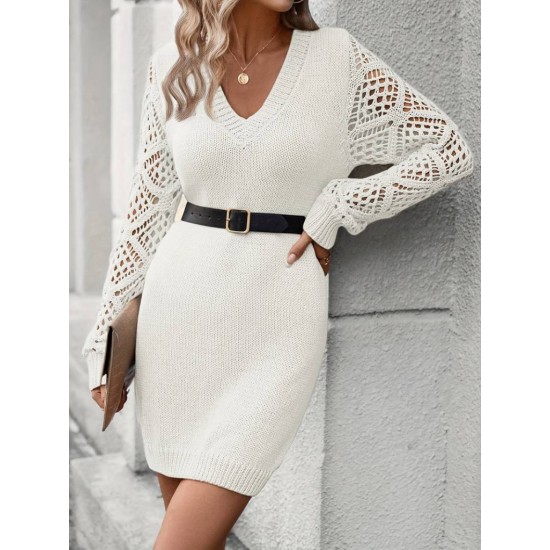 Kadın Uzun Kollu V Yakalı Mini Triko Elbise, 29602