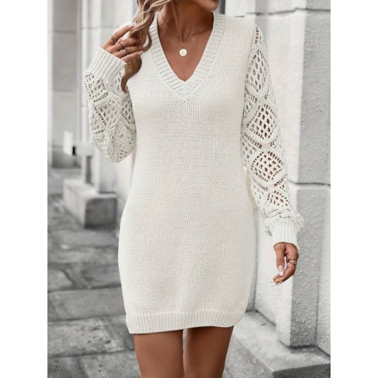 Kadın Uzun Kollu V Yakalı Mini Triko Elbise, 29602