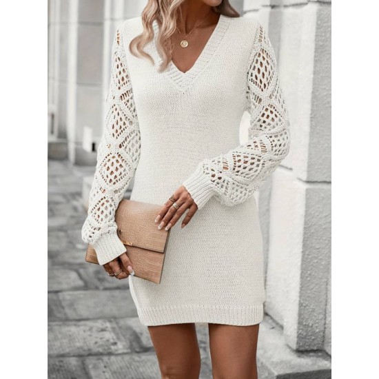 Kadın Uzun Kollu V Yakalı Mini Triko Elbise, 29602