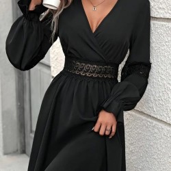 Kadın Uzun Kollu Kruvaze Yakalı Dantelli Fermuar Detaylı Kısa Ithal Krep Elbise, 29348