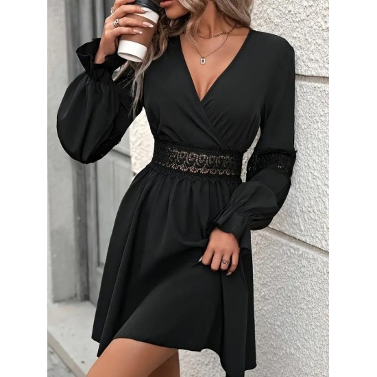 Kadın Uzun Kollu Kruvaze Yakalı Dantelli Fermuar Detaylı Kısa Ithal Krep Elbise, 29348