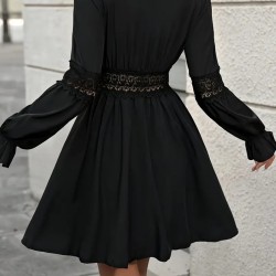 Kadın Uzun Kollu Kruvaze Yakalı Dantelli Fermuar Detaylı Kısa Ithal Krep Elbise, 29348