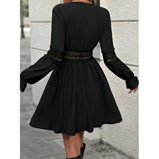 Kadın Uzun Kollu Kruvaze Yakalı Dantelli Fermuar Detaylı Kısa Ithal Krep Elbise, 29348