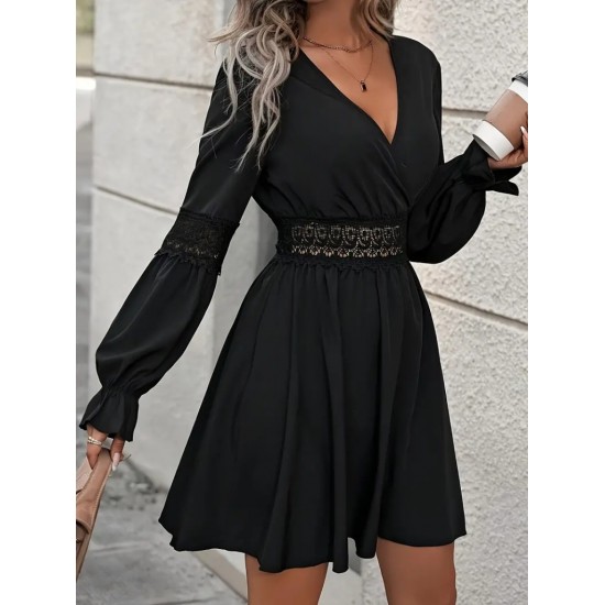 Kadın Uzun Kollu Kruvaze Yakalı Dantelli Fermuar Detaylı Kısa Ithal Krep Elbise, 29348