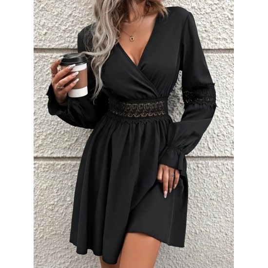 Kadın Uzun Kollu Kruvaze Yakalı Dantelli Fermuar Detaylı Kısa Ithal Krep Elbise, 29348