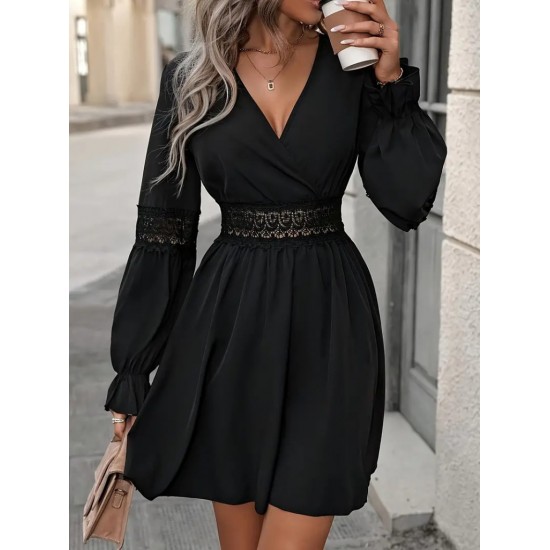 Kadın Uzun Kollu Kruvaze Yakalı Dantelli Fermuar Detaylı Kısa Ithal Krep Elbise, 29348