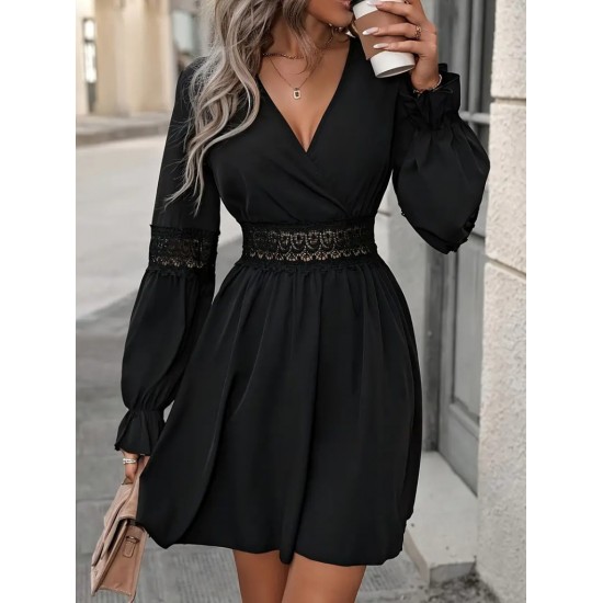 Kadın Uzun Kollu Kruvaze Yakalı Dantelli Fermuar Detaylı Kısa Ithal Krep Elbise, 29348