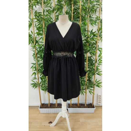 Kadın Uzun Kollu Kruvaze Yakalı Dantelli Fermuar Detaylı Kısa Ithal Krep Elbise, 29348