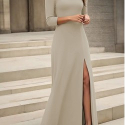 Kadın Uzun Kollu Madonna Yakalı Yırtmaç Detaylı Uzun Ithal Krep Elbise, 29639